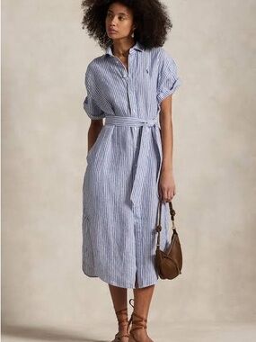 Ralph Lauren Blue and White Linen Striped Midi Shirt Dress with Self Tie